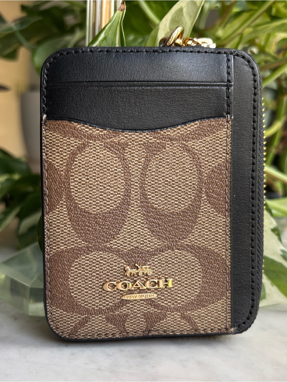 COACH Brown Signature Canvas and Black Leather Zip Card Case with Gold Hardware